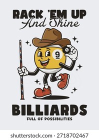 Rack Em Up and Shine Retro Bilhar Desenho Animado Mascote Ilustração