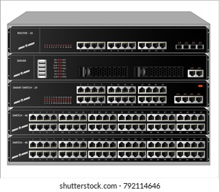 Rack with equipment for connecting subscribers to the Internet. Vector illustration.