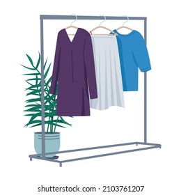 Rack with feminine clothing semi flat color vector object. Realistic item on white. Shopping and consumerism isolated modern cartoon style illustration for graphic design and animation