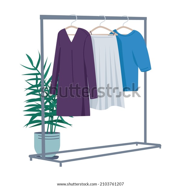 Rack\
with feminine clothing semi flat color vector object. Realistic\
item on white. Shopping and consumerism isolated modern cartoon\
style illustration for graphic design and\
animation