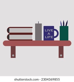 the rack full with book candle and mug