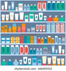 rack with the goods in the store cosmetics, hygiene and personal care. vector illustration. flat style.