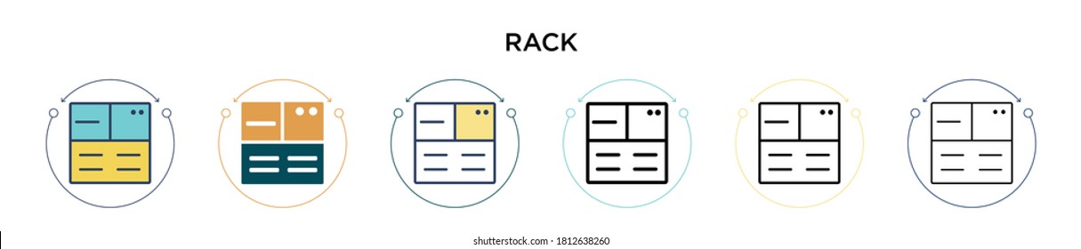 Icono de rack con estilo relleno, delgado, contorno y trazo. Ilustración vectorial de dos iconos vectoriales en rack de color y negro se puede utilizar para móviles, ui, web
