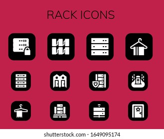 Rack-Icon-Set. 12 gefüllte Rack-Symbole.  Einfache, moderne Symbole wie: Server, Hanger, Dressing-Raum