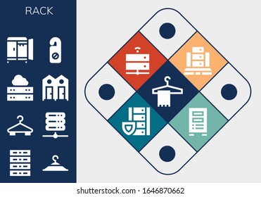conjunto de iconos de rack. 13 iconos de rack rellenos. Percha, servidor, colgador de ropa, sala de vestir, iconos de armario