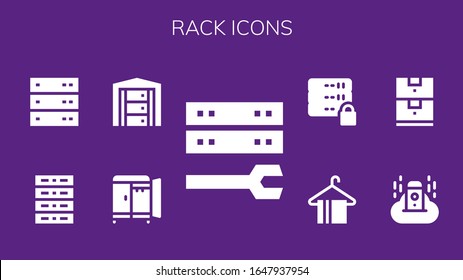 rack icon set. 9 filled rack icons. Included Server, Wardrobe, Data storage, Hanger icons