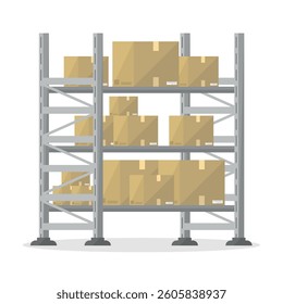 Rack icon with shelves and boxes on a white background. Cargo storage. Logistics.
