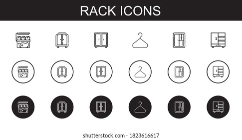 rack icons set. Collection of rack with meat, wardrobe, closet, hanger. Editable and scalable rack icons.
