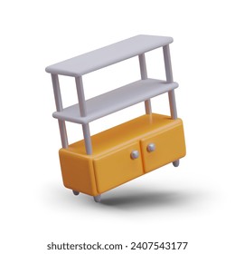 Rack is in inclined position. Realistic vector furniture with empty shelves. Model is at angle, effect of falling, movement. Showcase cabinet for product display. Exhibition equipment