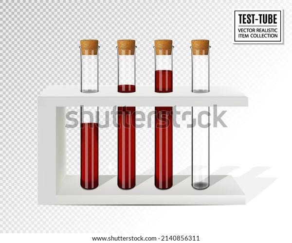 Rack with\
laboratory test tubes, medical flasks, realistic vector\
illustration. Test tubes with blood in a\
stand.