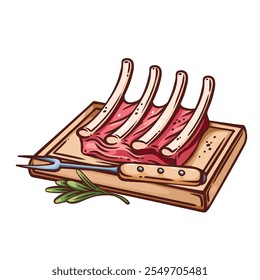 Rack of lamb, ribs on square wooden board with fork. Outline hand drawn color sketch of meat with bone, rosemary and black pepper to eat. BBQ grill menu, dinner mascot, ribs icon vector illustration