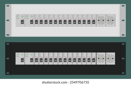 Soporte de panel de alimentación de montaje en bastidor con dispositivos de control. Panel de 3U para rack de servidor de 19 pulgadas. Ilustración vectorial en estilo plano