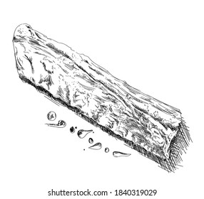 Rack of pork ribs decorated with drops of gravy. Hand-drawn graphics. Black and white vector illustration 