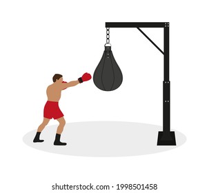 Rack with punching bag and boxer on white background