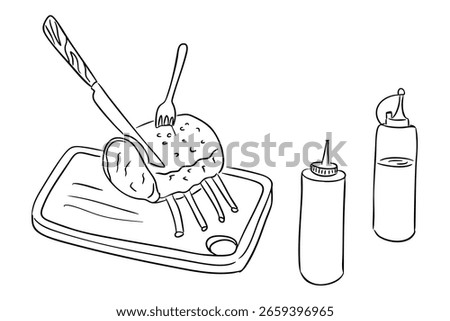 Rack of ribs on cutting board with fork and knife, next to sauce bottles. Symbol of barbecue culture, meat preparation, and culinary passion