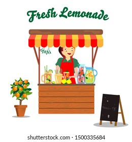 Rack with seller of fresh lemonade. Vector sketch, jars, jugs and citrus flower.