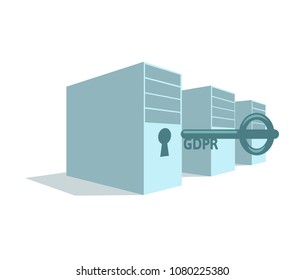 Rack of servers with a keyhole and GDPR key next to it. Lock your personal data. General data protection regulation. GDPR, RGPD, DSGVO. Concept vector illustration. Flat style.