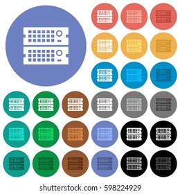 Rack servers multi colored flat icons on round backgrounds. Included white, light and dark icon variations for hover and active status effects, and bonus shades on black backgounds.