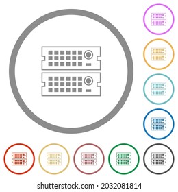 Rack servers outline flat color icons in round outlines on white background