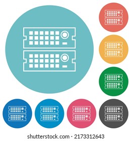 Rack servers outline flat white icons on round color backgrounds