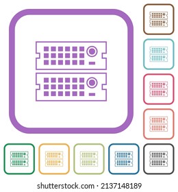 Rack servers outline simple icons in color rounded square frames on white background