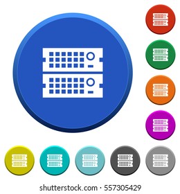 Rack servers round color beveled buttons with smooth surfaces and flat white icons