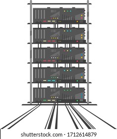 Rack of simple network servers in data center in front view with many small colored buttons in flat style, server room infrastructure isolated, cartoon servers internet cables that leading to users