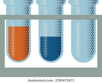 A rack of test tubes with chemicals retro vintage halftone style science chemistry experiment icon