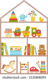 Rack with toys and books. Kids toys on wooden shelves. Teddy bear, train, car, doll, dino, cubes, elephant, rocket, boat, xylophone, pyramid. Vector illustration. White background