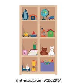 A rack with toys. Wooden shelves with toys and books for children.  Vector flat illustration on a white background.