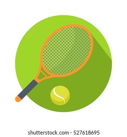 Racket and ball icon logo for tennis web button. Isolated on white background illustration with shadow. Hobby activity sport game, combinated equipment racquet and ball symbol for tennis. Vector