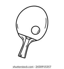 Raqueta y bola vector icono en estilo garabato. Símbolo de ping pong en diseño simple. Objeto de dibujos animados dibujado a mano aislado sobre fondo blanco.