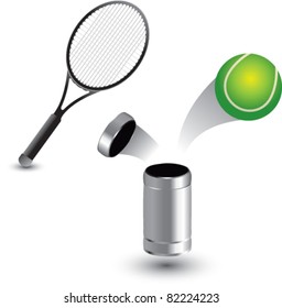 Racket chasing tennis ball out of tin can