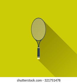 Racket Icon. Tennis equipment flat icon with long shadow on green backdrop. Vector illustration - 10 EPS, design elements for project, websites or applications on isolated background