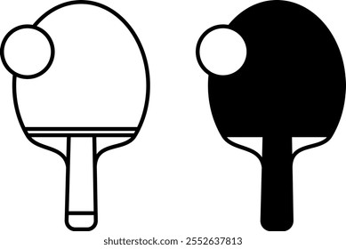 Racket Icons. Black and White Vector Illustrations. Racket and Ball for Ping Pong. Table Tennis Game. Sport Concept