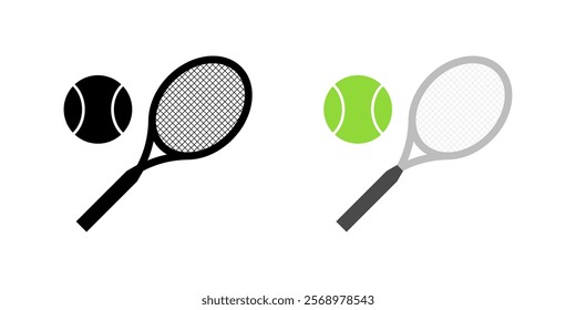 Racket for large tennis icons. Silhouette and flat style. Vector icons.