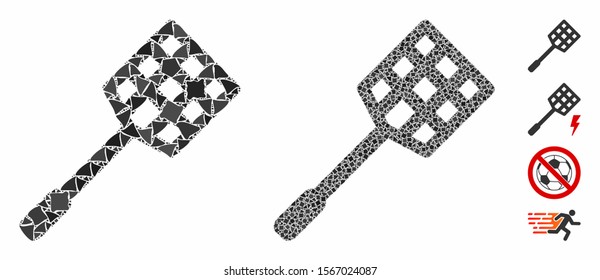 Racket mosaic of inequal elements in different sizes and color tinges, based on racket icon. Vector irregular elements are combined into mosaic. Racket icons collage with dotted pattern.