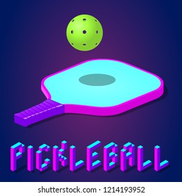 racket or paddle and ball for pickleball game in modern bright color. isometric icon, logo or label clipart. stock vector illustration