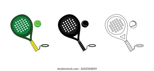 design de conjunto de raquete e bola padel. equipamentos esportivos. contorno, sólido e colorido.