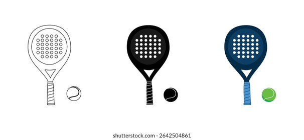 design de conjunto de raquete e bola padel. equipamentos esportivos. contorno, sólido e colorido.