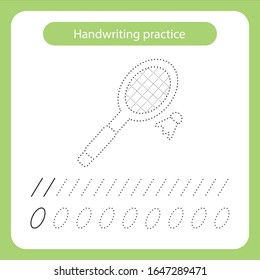 Racket and shuttlecock. Kids toys theme. Handwriting practice sheet. Vector illustration