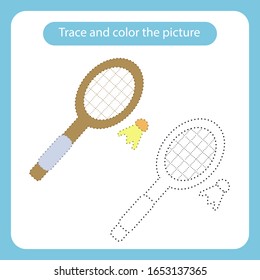 Racket and shuttlecock toy with simple shapes. Trace and color the picture children s educational game. Handwriting and drawing practice. Toys theme activity for toddlers, kids. Vector illustration.