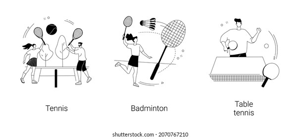 Racket sport abstract concept vector illustration set. Tennis and badminton, table tennis, professional player, tennis court, club training, ping pong game, racket rental, fitness abstract metaphor.