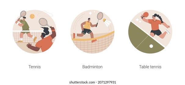 Racket sport abstract concept vector illustration set. Tennis and badminton, table tennis, professional player, club training, ping pong game, professional player, sportswear abstract metaphor.