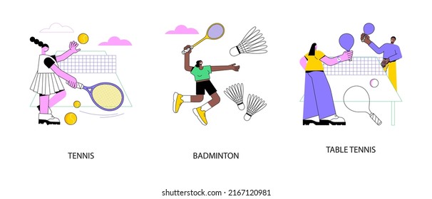 Racket sport abstract concept vector illustration set. Tennis and badminton, table tennis, professional player, tennis court, club training, ping pong game, racket rental, fitness abstract metaphor.