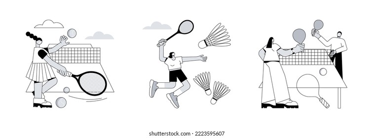 Racket sport abstract concept vector illustration set. Tennis and badminton, table tennis, professional player, tennis court, club training, ping pong game, racket rental, fitness abstract metaphor.