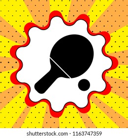 Racket for table tennis and ball sign. Black icon in the bubble on a yellow background pop art. Vector.