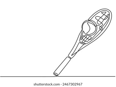Raqueta con pelota de tenis en una sola línea continua estilo de dibujo de arte. Deporte atlético concepto Ilustración vectorial.