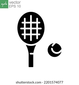 Racket and tennis ball, sport icon. Play Tennis game with racquet. Pictogram solid or glyph style logo symbol for mobile app and website. vector illustration. Design on white background. EPS 10