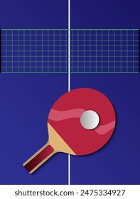 Racket tennis for ping pong, table, net and balls. Red and blue rackets. Balls white. Vector Illustration EPS10.